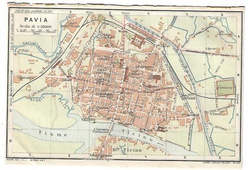 1600-42x30 Su carta antica Stampata e dipinta a mano Mappa di Pavia 